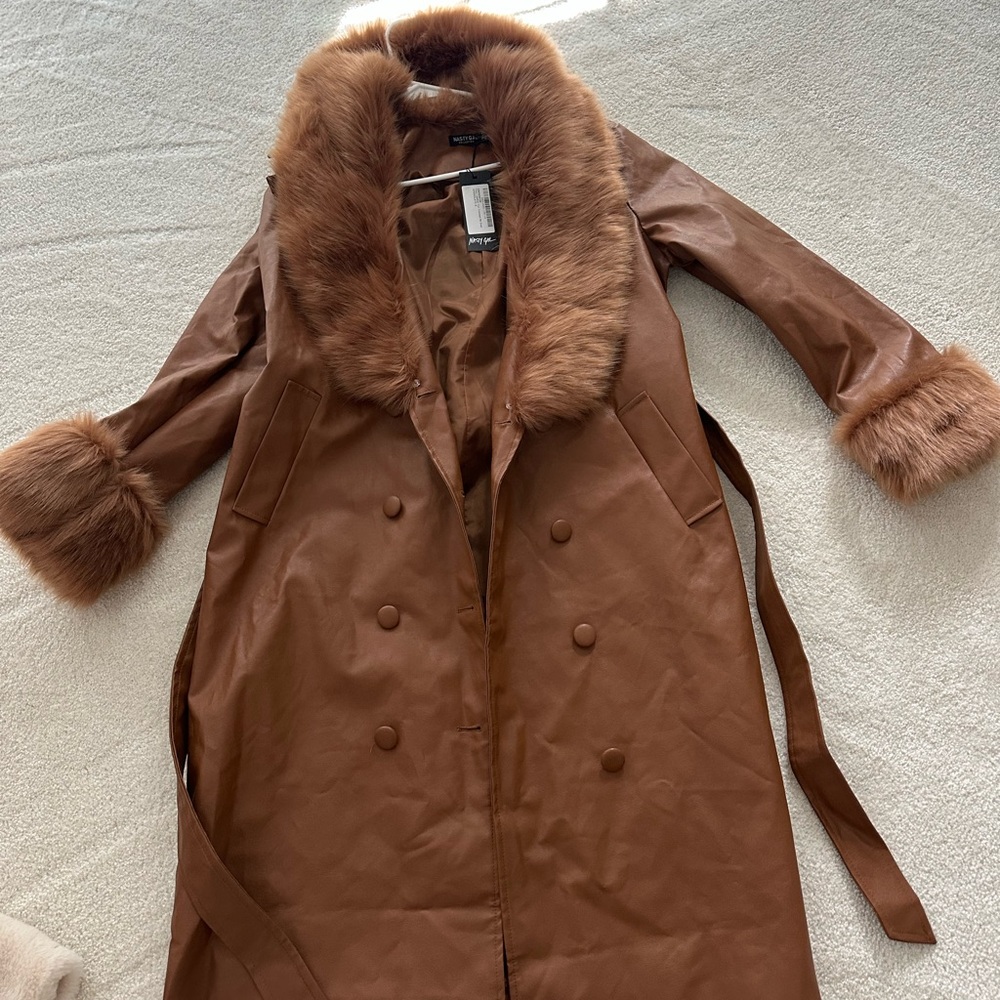 Nasty Gal Brown Trench Coat with Faux Fur Accents